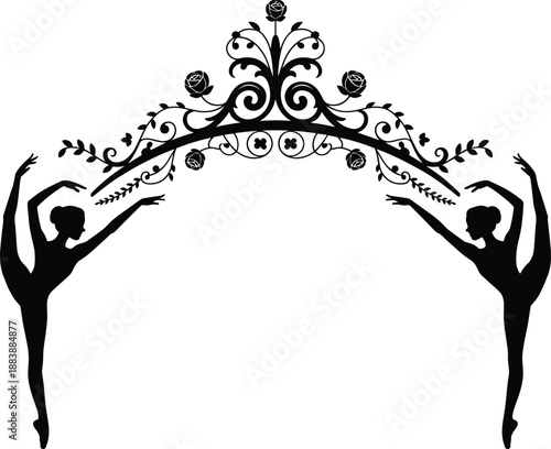 Ballet dancer silhouette with floral ornament frame, graceful artistic dance pose, elegance symmetry concept, decorative black vector illustration