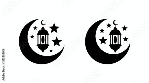 Black and white of crescent moon with stars and lantern