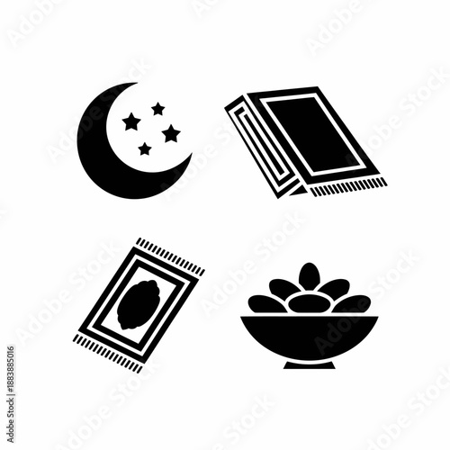 Black and white of crescent moon, book, and dates in a bowl representing Eid celebration
