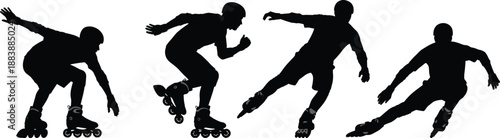 Inline skating silhouettes showing dynamic rollerblade movement and speed, extreme sports and fitness action poses, athletic skaters isolated on white background illustration