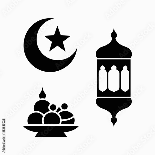 Black and white of crescent moon, star, lantern, and dates on a plate
