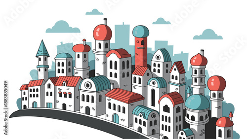 Whimsical Cityscape Illustration with Colorful Domed Roofs