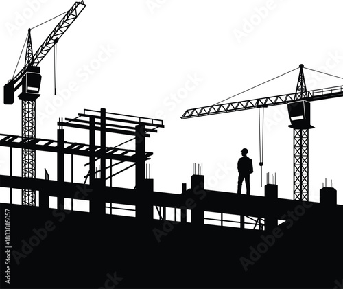 Construction site silhouette illustration, tower cranes and worker on building structure, industrial development concept, architecture engineering vector art