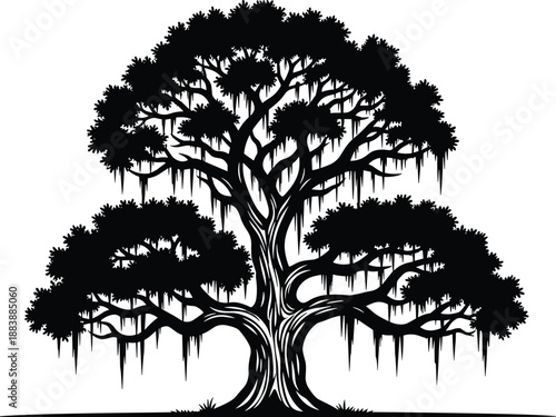 Majestic ancient tree silhouette with spreading branches and hanging moss, nature and growth concept, black botanical illustration isolated on white background, symbol of strength and life