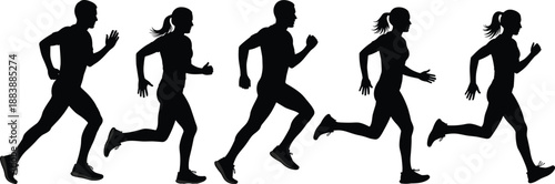 Running silhouettes of men and women athletes in motion, fitness training and cardio endurance concept, dynamic sprinting activity isolated on white background, minimal studio style