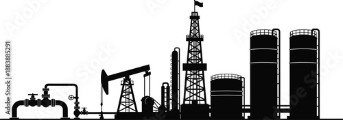 Oil refinery and drilling rig silhouettes showing petroleum industry infrastructure, energy production with pumps, tanks and pipelines, industrial fuel extraction concept isolated on 