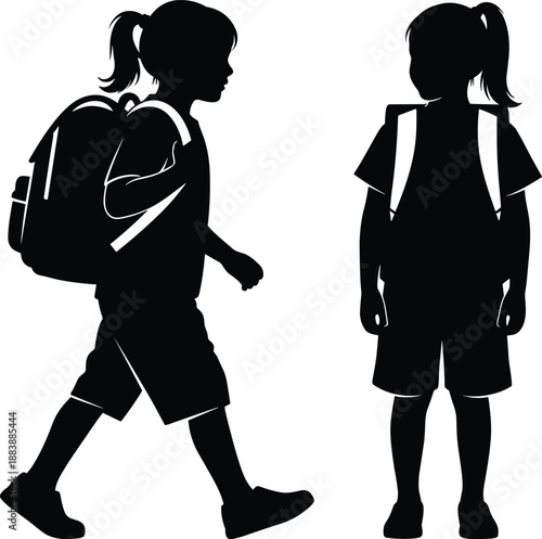 Schoolgirl silhouettes with backpacks walking and standing, childhood education and daily school routine concept, student readiness and learning journey isolated on white background