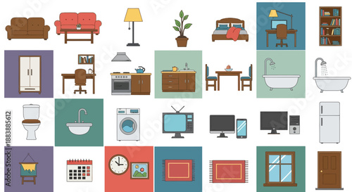 Collection of assorted home furniture and household appliances illustrations in a simple modern style with various colors and shapes.