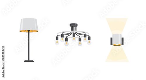 Modern lighting fixtures including a floor lamp, chandelier, and track light showcased in a simple digital illustration style