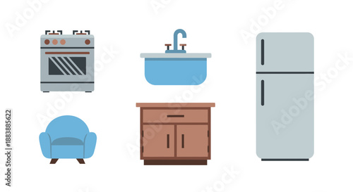 Collection of modern home appliances and furniture icons including oven, sink, refrigerator, cabinet, and armchair in a minimalist design style.