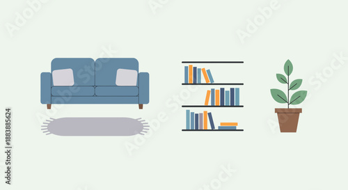 modern blue sofa with bookshelf and plant in a cozy living room setting with a rug