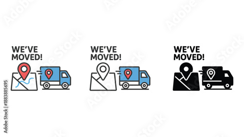 A graphic illustration announcing a business relocation with moving trucks