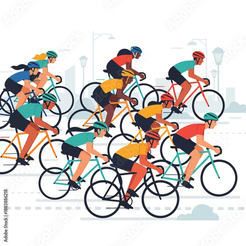 Diverse group of cyclists competing in a road race, dynamic action illustration
