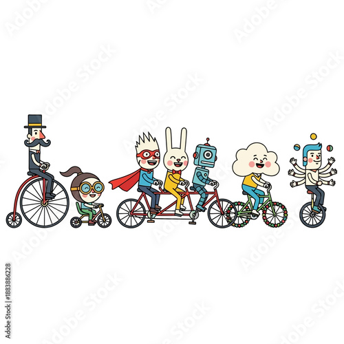 Diverse group of characters riding bicycles and unicycles on white background