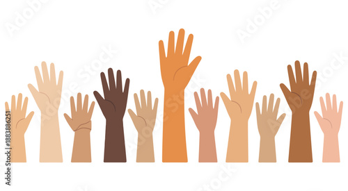 Hands Raised in the Air Vector Illustration with “Human Rights” Text Representing Equality Unity Solidarity Human Rights Advocacy, Social Justice Concept Design.