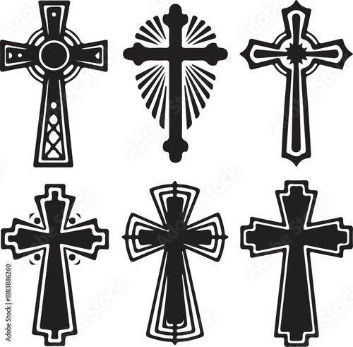 Print Set of ornate Christian cross icons black and white vector silhouettes