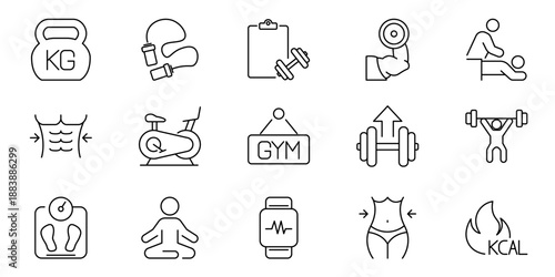 Dynamic Collection of Outline Vector Icons for Fitness, Gym, and Wellness Apps – Featuring Workout Equipment, Healthy Lifestyle, and Body Goals