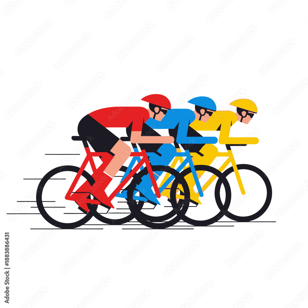 Fototapeta premium Three cyclists race in a flat design style, showing speed and competition.