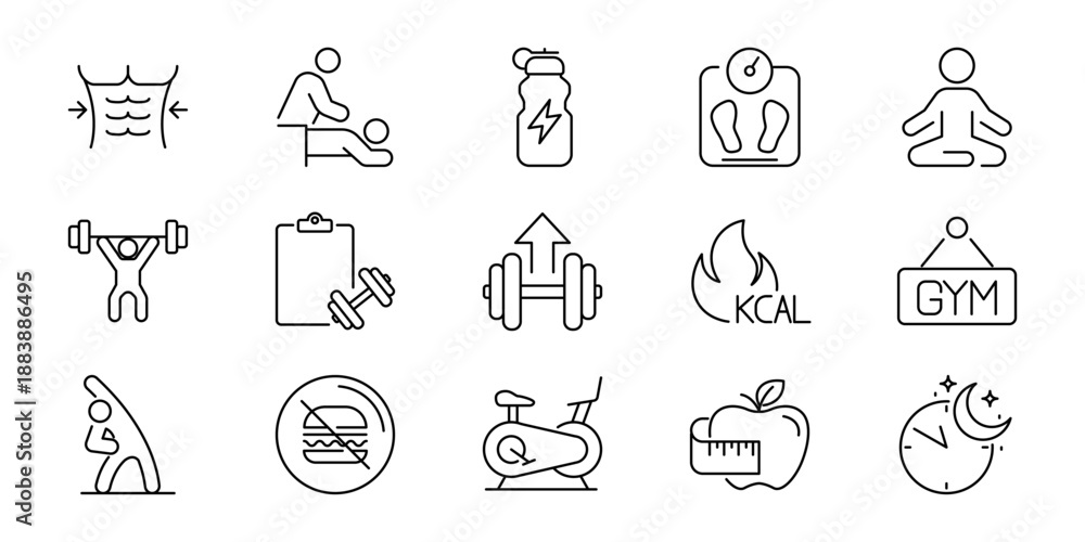 Fototapeta premium Fitness and healthy lifestyle icons weight loss, exercise, gym, and well-being