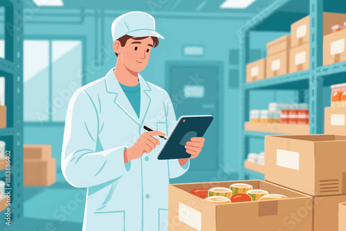 Illustration Of A Male Worker Wearing A Uniform To Maintain Cleanliness, Recording The Products He Wants To Sell Vector Design Template