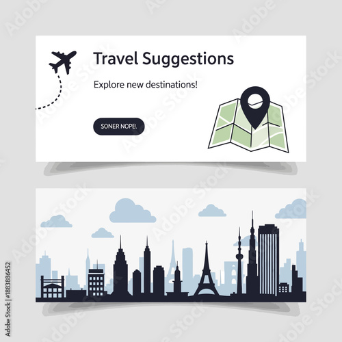 Travel Suggestions Banner with Airplane, Map, and City Skyline