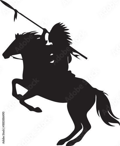 Print Silhouette of Native American Warrior Riding Rearing Horse