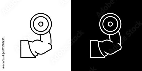 Powerful bicep curl icon representing strength and fitness, isolated on black and white backgrounds for versatile design use