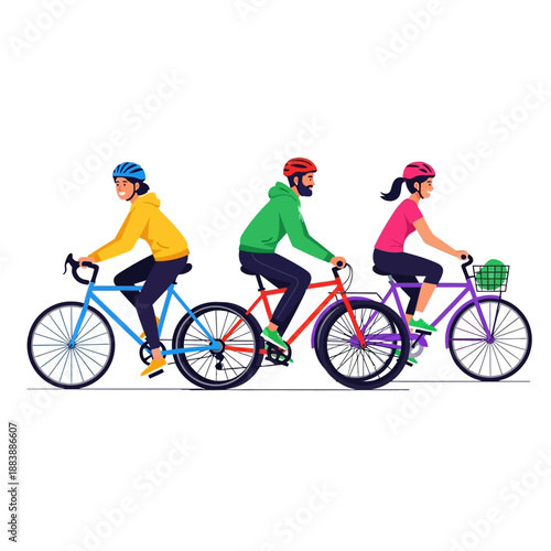 Diverse group cycling together on a sunny day, healthy lifestyle, outdoor activity