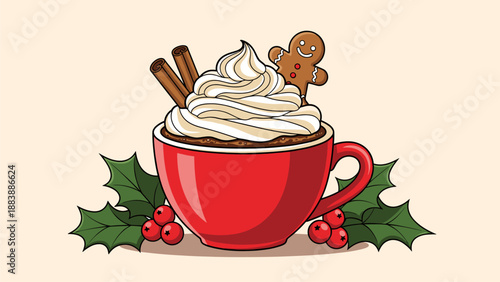 Festive Hot Chocolate with Gingerbread Man and Cinnamon Sticks Illustration