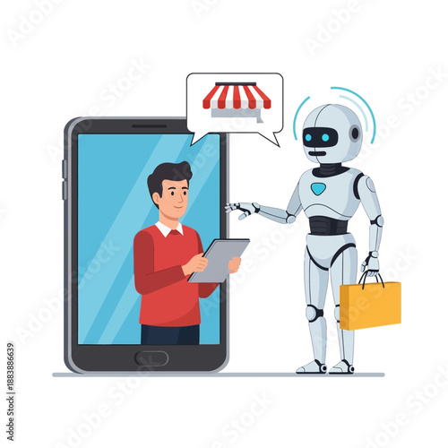 Robot delivers shopping bag to man on smartphone screen, online shopping concept