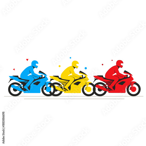 Three colorful motorcycles with riders in a line, racing concept, flat design
