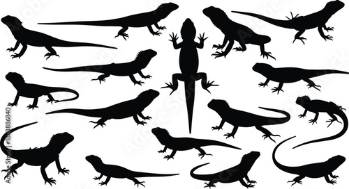 Black Lizard Silhouette Vector Illustration Set Featuring Various Reptiles Geckos Iguanas and Lizards Isolated on White Background for Graphic Design Nature and Wildlife Projects