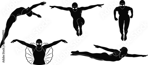 Black and White Vector Silhouette Set of Professional Female Swimmers Jumping Diving and Swimming Butterfly Stroke Isolated on Clear White Background for Sports Design