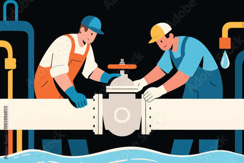 Illustration Of Two Workers Repairing A Damaged Water Pipe Vector Design Template