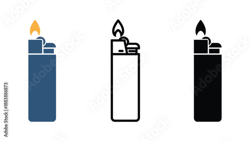 Three lighters with different designs and flame colors on a white background
