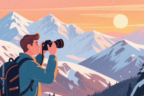 Illustration Of A Male Adventurer Wearing A Jacket And Carrying A Bag While Taking Photos Of Mountain Views And The Sun In The Afternoon Vector Design Template