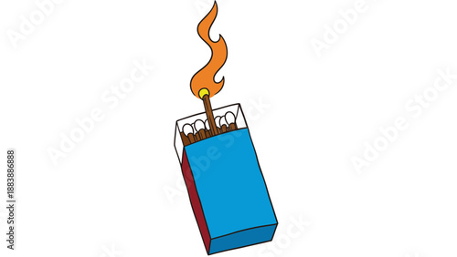 A cartoon illustration of a blue matchbox with a lit match