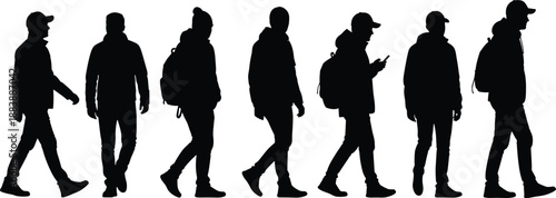 Black silhouettes of young men walking in casual autumn clothes with backpacks and caps isolated on white background for urban lifestyle and travel design