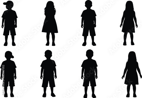 Black silhouettes of children standing in a row including boys and girls in summer clothes isolated on white background for graphic design projects