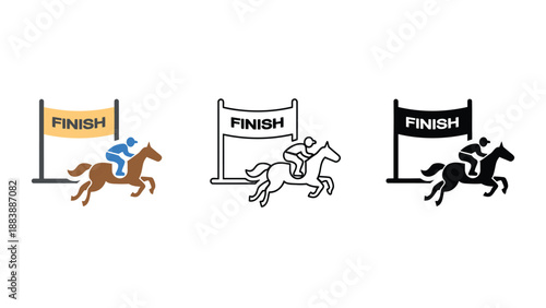 Three horse racing icons crossing the finish line in different colors and styles