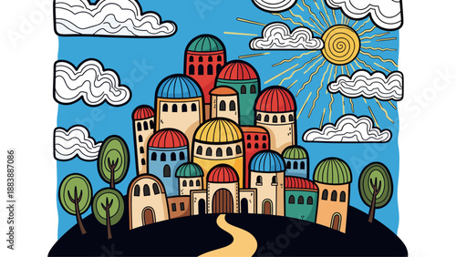 Colorful Cartoon Cityscape with Dome-Roofed Buildings