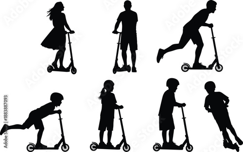 Collection of silhouettes featuring diverse people and children riding kick scooters in various active poses isolated on white background for urban transportation concepts.