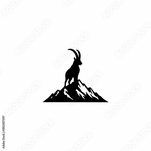 Silhouette of a Goat Standing on the Top of a Mountain Logo Design. Goat And Mountain Silhouette Illustration Logo Design.