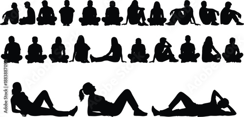 Collection of sitting and reclining silhouettes featuring people in relaxed poses, cross-legged positions, lounging postures, and casual resting views for vector graphic design projects