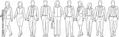 Diverse Group of Professional Business Men and Women Walking Forward Line Art Illustration Sketch for Corporate Teamwork Career Growth and Modern Office Success Concepts