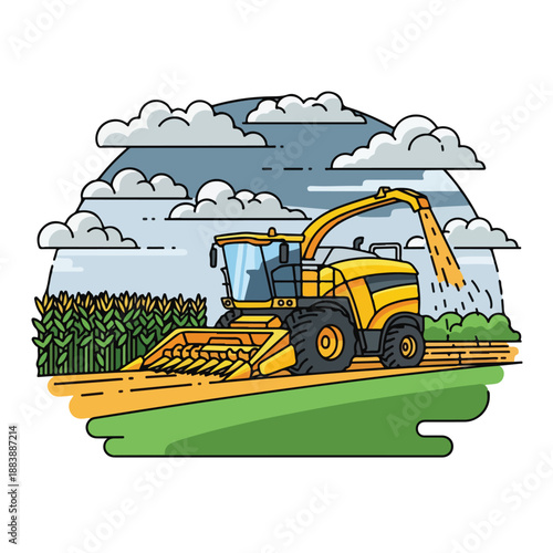A cartoon combine harvester in a field