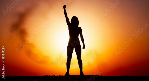 Silhouette of woman standing strong with fist raised at sunset