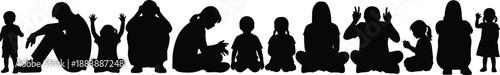 Large Horizontal Panorama of Diverse People Silhouettes Including Children and Adults Sitting in Various Poses Expressing Emotions Isolated on a White Background