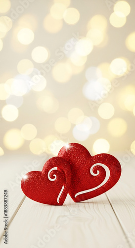 Two hearts glisten romantically in soft glowing light