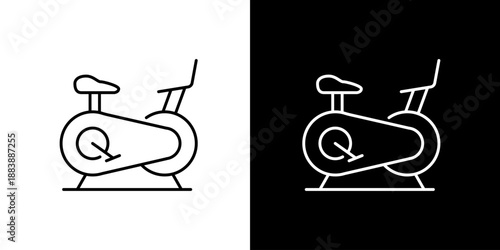 Minimalist linear icon of stationary exercise bike on black and white backgrounds